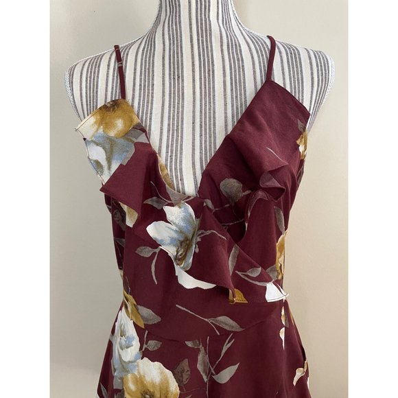 Mine Boutique Ruffle Surplice Cinnamon Rust Floral Wrap Mini Dress Size L - Picture 3 of 11